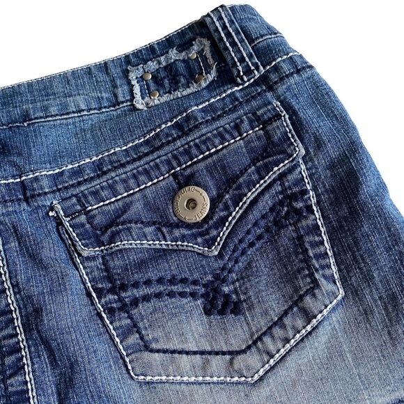 Vintage Hydraulic Distressed Denim Blue Jean Flap Pocket Micro Mini Skirt Sz 7/8 - Picture 6 of 14
